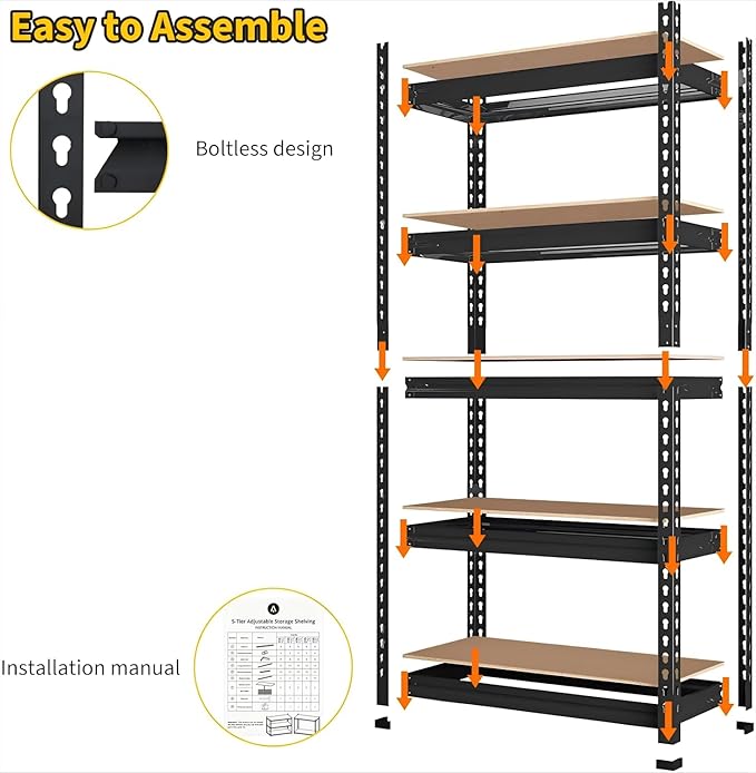 Garage Shelving Heavy Duty Storage Shelves 2000Lbs Capacity, 5 Tier Adjustable Metal Shelving Unit 48" W x 24" D x 72" H, Industrial Utility Rack for Kitchen Pantry