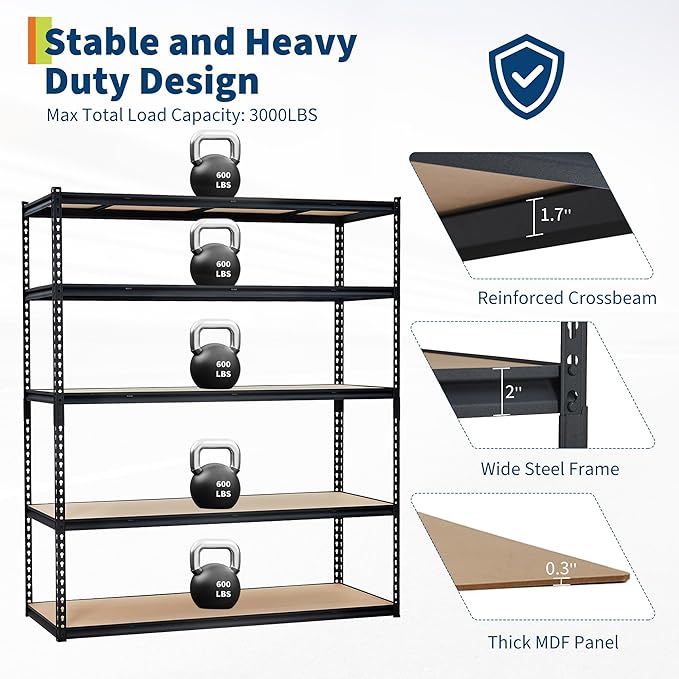 Garage Storage Shelves 5 Tiers, Heavy Duty Storage Shelving Racks with 3000 LBS Capacity, 60 " L x 24 in W x 72 in H Metal Adjustable Shelving Unit for Kitchen Pantry Basement Bathroom Laundry