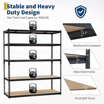 Garage Storage Shelves 5 Tiers, Heavy Duty Storage Shelving Racks with 3000 LBS Capacity, 60 " L x 24 in W x 72 in H Metal Adjustable Shelving Unit for Kitchen Pantry Basement Bathroom Laundry
