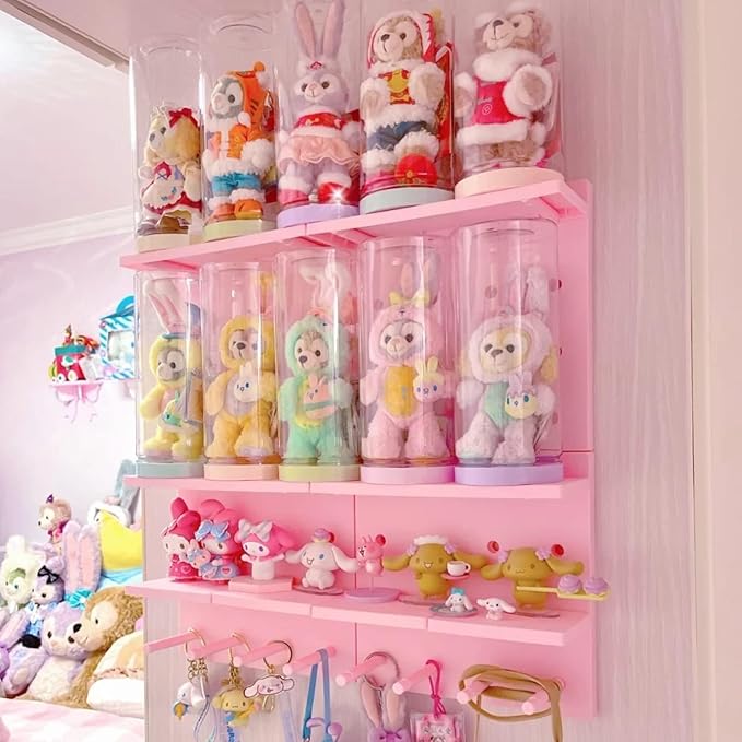 HGYZE Peg Boards for Wall with Shelf & Hooks, No Punching Craft Storage, Small Pegboard Ledges Organizer for Hanging Keychains, 4 Pack Decorative Wall Panel Kits for Blindboxes Lightweight Dolls, Pink