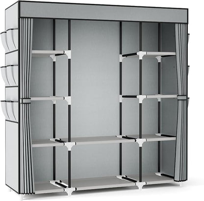 VTRIN Portable Closet Wardrobe for Hanging Clothes 57.3 Inch Large Capacity Clothes Rack with Cover, 10 Storage Organizer Shelves, 1 Hanging Rods and 6 Pockets, Free Standing Closet for Bedroom, Grey