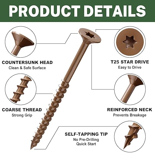 LIONMAX Wood Screws 3 Inch, Deck Screws #10 x 3, 300 PCS, Rust Resistant, Epoxy Coated, Exterior Wood Screw, Outdoor Decking Screws, Torx/Star Drive Head, T25 Star Bit Included, Brown