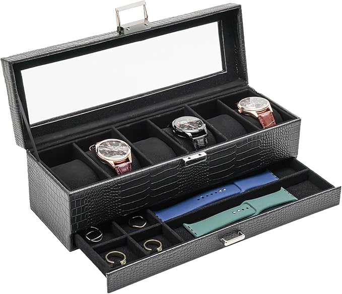 ProCase Watch Box, 6 Slot Watches Display Case with Drawer, Mens Watch Case with Glass Lid, 2-Layer Mens Jewelry Organizer Storage Holder, Birthday Valentine Gifts for Men -6 Slot, LizardBlack
