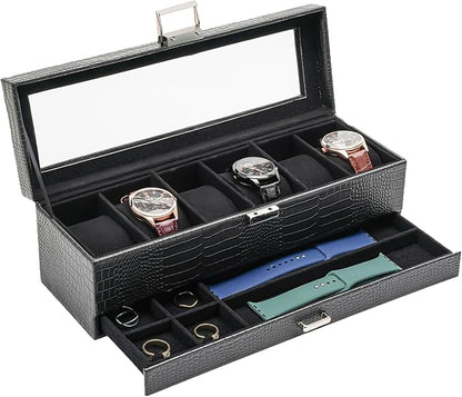ProCase Watch Box, 6 Slot Watches Display Case with Drawer, Mens Watch Case with Glass Lid, 2-Layer Mens Jewelry Organizer Storage Holder, Birthday Valentine Gifts for Men -6 Slot, LizardBlack