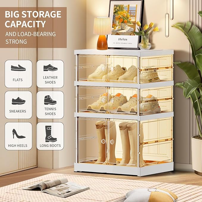 3-Tier Foldable Shoe Rack for Closet Entryway 3-6Pairs,Stackable Clear Shoe Storage Boxes Organizer with Door Plastic Small Shoe Cabinet Bins with Lids Narrow Shoe Shelf Easy Assembly