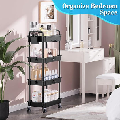 4 Tier Rolling Utility Cart with Drawer, Storage Organizer Cart with 2 Lockable Wheels, Multifunctional Rolling Storage Cart for Bathroom, Kitchen, Craft, Makeup, Baby Essentials, Black