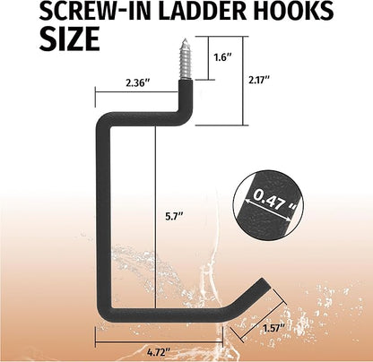 HUHOLE Heavy Duty Ladder Hooks for Garage Wall (4 Pack) – Screw-in Utility Hangers with Vinyl Coating – 5.7 Inch Wall Mount Storage Brackets for Hanging Ladders, Chairs