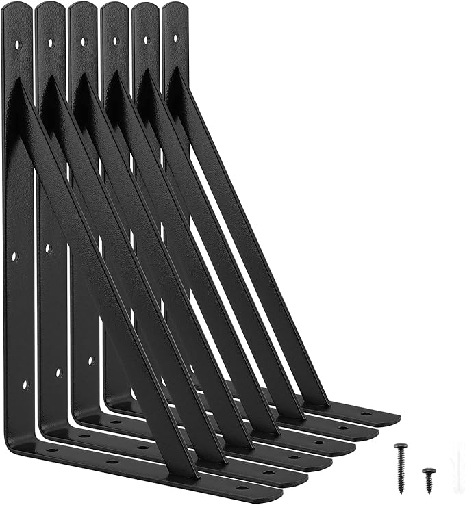 Heavy Duty Shelf Brackets 12 x 8 inches, 6 Pack Black Metal Shelves Supports, Load Capacity: 600 lb, Wall Mounted Angle L Floating Shelf Bracket, Rough Texture Powder Coating, HOME MASTER HARDWARE