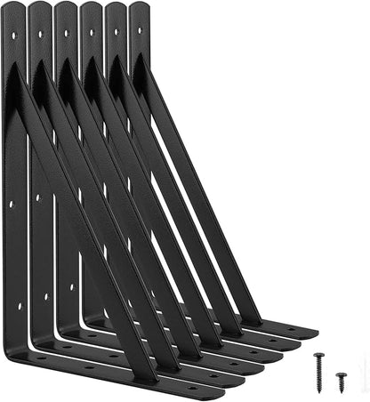Heavy Duty Shelf Brackets 12 x 8 inches, 6 Pack Black Metal Shelves Supports, Load Capacity: 600 lb, Wall Mounted Angle L Floating Shelf Bracket, Rough Texture Powder Coating, HOME MASTER HARDWARE