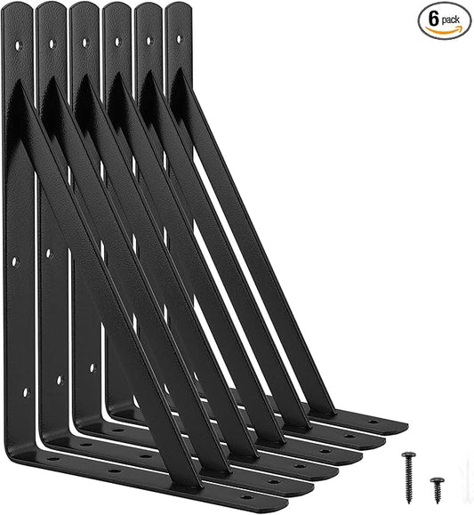 Heavy Duty Shelf Brackets 12 x 8 inches, 6 Pack Black Metal Shelves Supports, Load Capacity: 600 lb, Wall Mounted Angle L Floating Shelf Bracket, Rough Texture Powder Coating, HOME MASTER HARDWARE