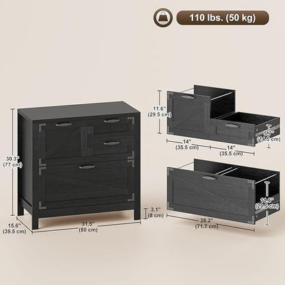 HOMCOM 4 Drawer File Cabinet, Farmhouse Lateral Filing Cabinet with Adjustable Hanging Rails for Letter/A4/Legal Size Files, Printer Stand for Home Office, Black