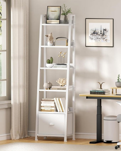 Furologee 6 Tier Ladder Shelf,Ladder Bookshelf with Drawer,Modern Tall Bookcase,Storage Rack Organizer,Wood Metal Freestanding Shelves for Living Room, Home Office, Bedroom, White
