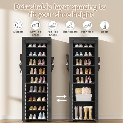 Narrow Shoe Rack with Cover 10 Tier Tall Shoe Rack Organizer Large Capacity Shoe Shelf Storage 18-22 Pairs Space Saving Free Standing Shoe Storage Organizer for Closet, Entryway, Dorm, Black