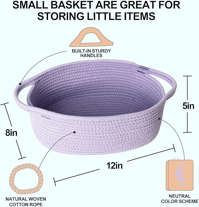 Small Woven Gift Basket, Baskets for Gifts Empty, Cotton Rope Cat Dog Toy Bin Box, Nursery Baby Basket, Wicker Basket with Handles, Shelf Storage Basket for Home Decor, Purple, 12"x 8"x 5"