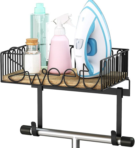 SRIWATANA Ironing Board Hanger Wall Mount, Laundry Room Iron and Ironing Board Holder, Laundry Room Organization and Storage with Large Storage Wood Base Basket (Carbonized Black)