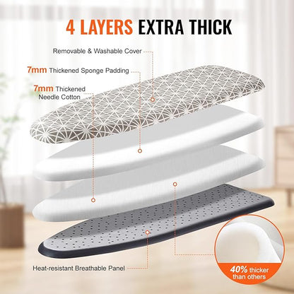 VEVOR Ironing Board with Large 43 x 13 Ironing Surface, Thickened 4 Layers Iron Board with Heat Resistant Cover and 100% Cotton Cover, 7 Adjustable Heights Ironing Board for Home Laundry Room Use