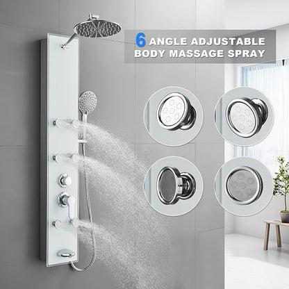 POPFLY Tempered Glass Shower Panel Tower System, 9" Adjustable Shower Arm Height, 304 Stainless Steel White Shower Panels Tower with 6 Massage Jet and Tub Spout