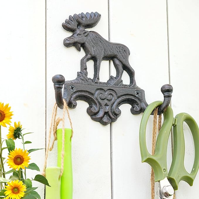 Sungmor Cast Iron Moose Wall Hook - Rustic Animal Coat Hanger for Cabin, Lodge, or Farmhouse Decor - Heavy Duty Double Hooks for Keys, Hats, Towels - Vintage Antler Wall Mount Hanger