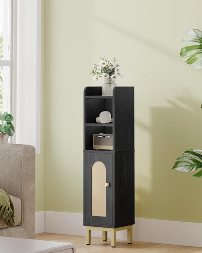 Bathroom Storage Cabinet, Small Corner Floor Cabinet with Door and Shelves, Narrow Toilet Paper Holder, Bathroom Organizer with Adjustable Shelf, for Small Spaces, Rattan Black BC08204Y