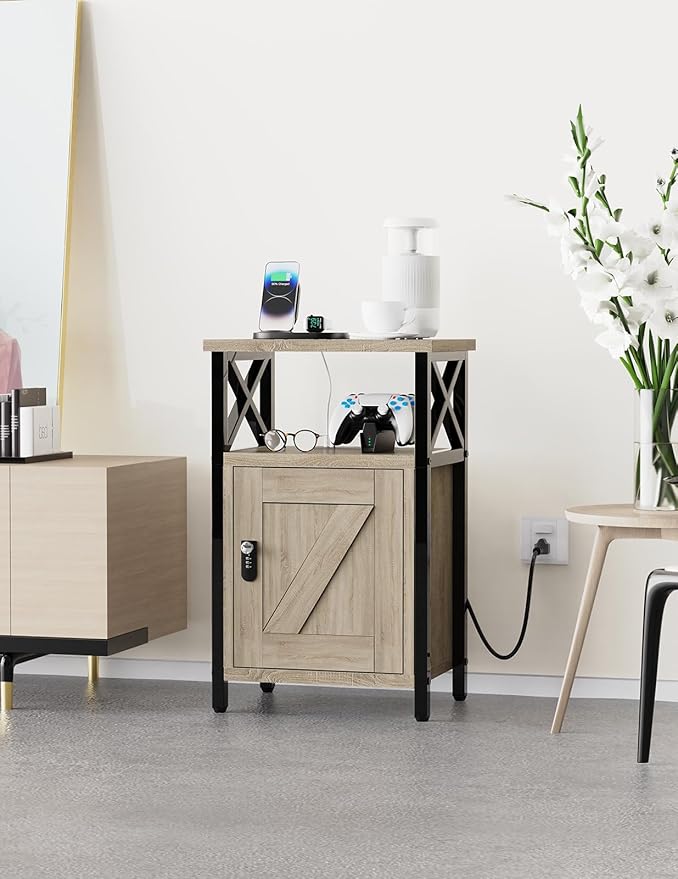 Wooden Nightstand with Lock, Bed Side Table with Drawers, Bedside Table with Charging Station, 3 USB & 2 Outlets, Night Stand with Cabinet, End Tables for Bedroom, Greige