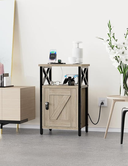 Wooden Nightstand with Lock, Bed Side Table with Drawers, Bedside Table with Charging Station, 3 USB & 2 Outlets, Night Stand with Cabinet, End Tables for Bedroom, Greige