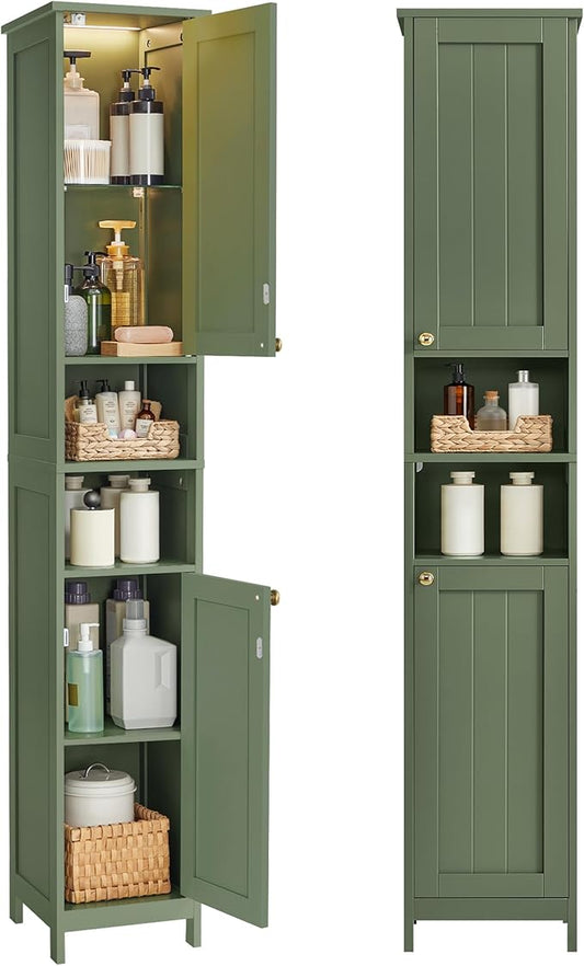 VASAGLE Tall Storage Cabinet with Lights, Slim Freestanding Cabinet with Adjustable Shelves, for Small Spaces, Bathroom, Living Room, Modern, 11.8 Inches Wide, Forest Green UBBC566C01