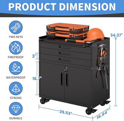 Metal Garage Storage Cabinet with Wheels, Rolling Tool Cabinet with 3 Drawers and 2 Doors, Heavy Duty Tool Cabinet with Workbench, Assembly Required, Black
