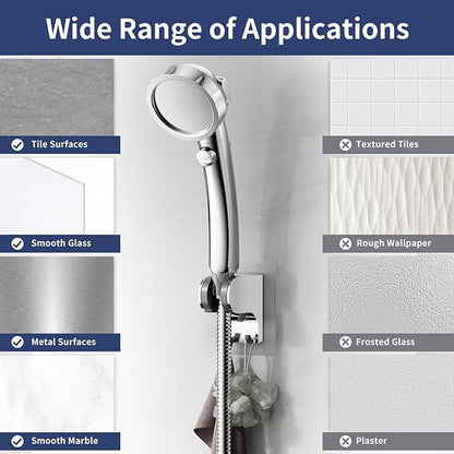 HANLIAN Strong Adhesive Handheld Shower Head Holder Without Drilling, 50° Adjustable Shower Wand Holder Wall Mount with Hooks, Waterproof Hand Held Showerhead Bracket with Hanger(Chrome, 1 Piece)