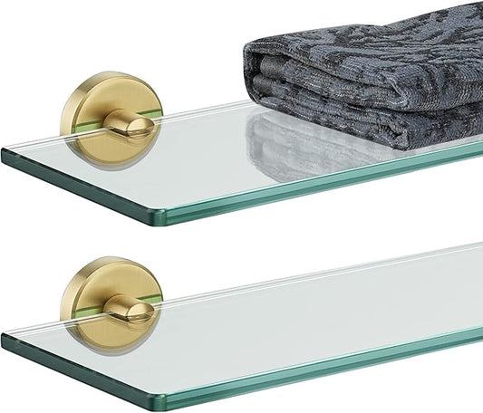 JQK Bathroom Glass Shelf Gold, Tempered Glass Shower Storage 16 by 5 inches, 304 Stainless Steel Brushed Gold Wall Mount 2 Pack, TGS101L16-BG-P2