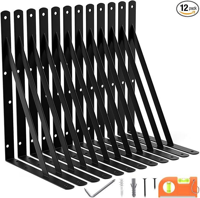 12-Pack 14 Inch Heavy Duty Shelf Brackets, Large Floating Wall Bracket for Garage Storage Shelves, Black Powder-Coated Finish, Load Capacity 800lbs