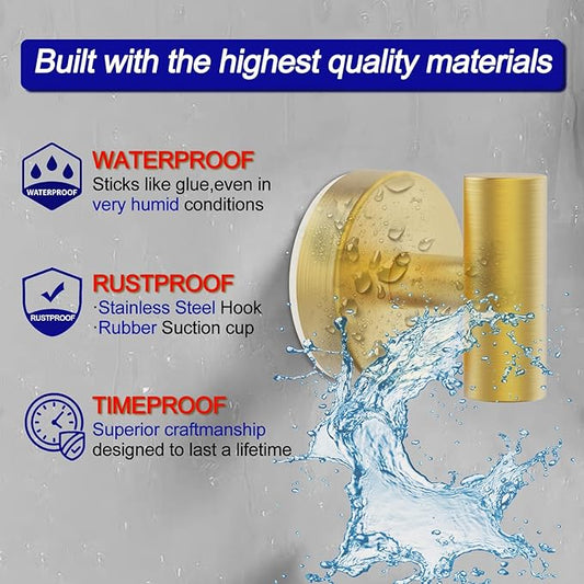 Suction Cup Hooks, Shower Hooks for Inside Shower – Removable Towel Hooks for Bathroom Window Glass Mirror Tile, Bath Robe Looafh Hook for Hanging – Waterproof & Rustproof, Gold(2 Pack)