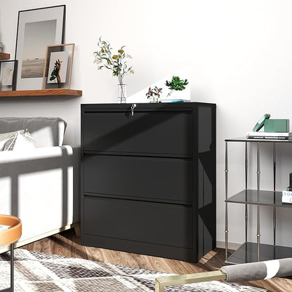 3 Drawer File Cabinet, Black Office Cabinets with Lock, Heavy Duty Metal Filing Cabinet for Home Office, Horizontal Lockable File Cabinet for Legal/Letter/A4 Size Files, Require Assembly