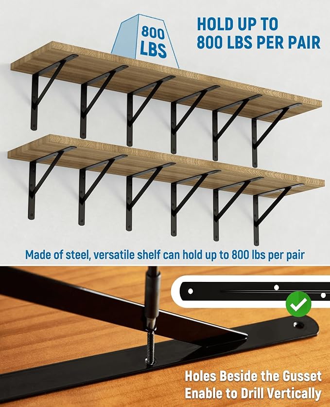 8-Pack 9 Inch Heavy Duty Shelf Brackets, Large Floating Wall Bracket for Garage Storage Shelves, Black Powder-Coated Finish, Load Capacity 800lbs