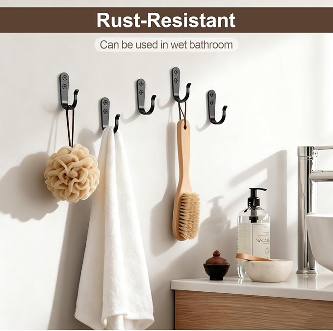 20-Pack Towel Hooks for Bathroom, Heavy Duty Black Metal Wall Hooks for Robe, Coat, Kitchen, Closet, Garage Organizer