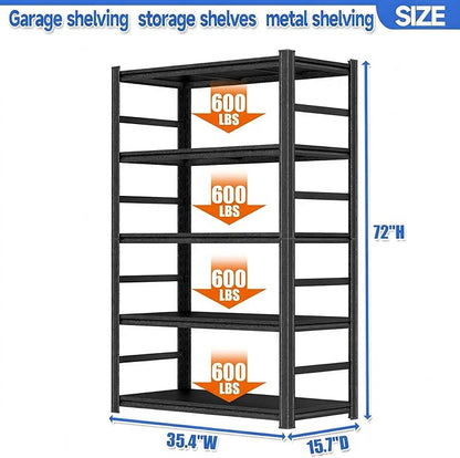 72"H Storage Shelves Heavy Duty 3000LBS Garage Shelving Metal Shelving Adjustable 5 Tier Shelving Unit Garage Organization for Basement, Warehouse, Pantry, Kitchen 35.4"W × 15.7"D × 72"H