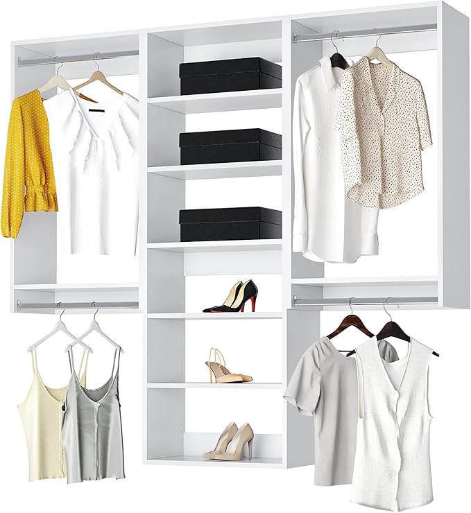 Modular Closets Vista Collection Closet Organizer System - 3 Piece Wall Mounted Kit with Hanging Rods & Shelves, White, Fits Closets 93” or wider