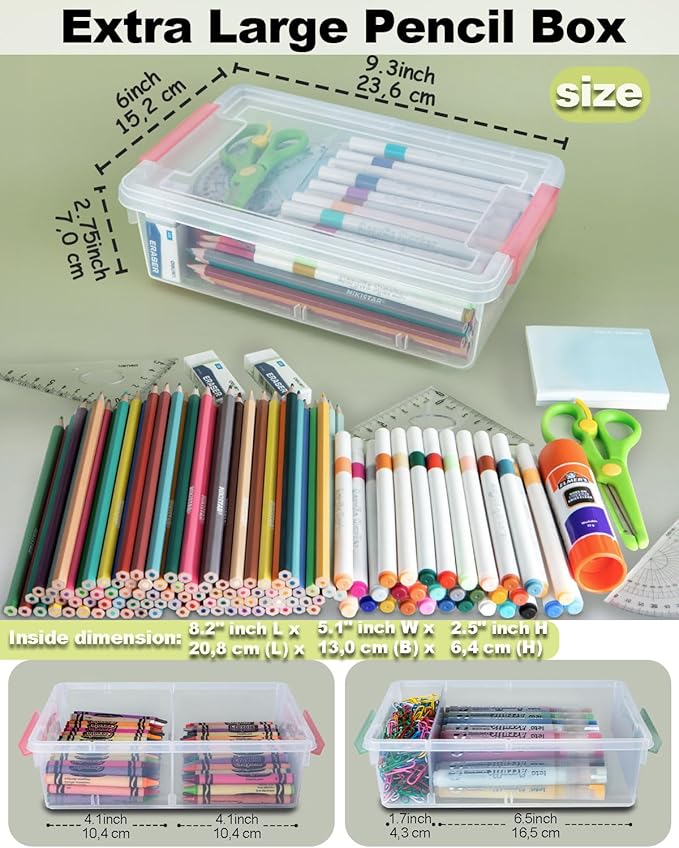 12 Pack Extra Large Pencil Box with Removable Divider, Thickened Pencil Case Bulk, Clear Crayon Marker Organizer Stackable Plastic Small Storage Containers for Pen Craft School Supplies, Multi