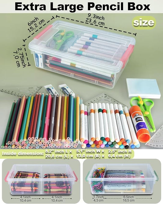12 Pack Extra Large Pencil Box with Removable Divider, Thickened Pencil Case Bulk, Clear Crayon Marker Organizer Stackable Plastic Small Storage Containers for Pen Craft School Supplies, Multi