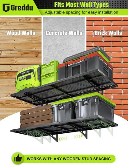 2-Pack 1.5x4ft Heavy Duty Garage Shelving Wall Mounted, 520 Pounds Total Load Capacity, Garage Shelves with Hooks, Black