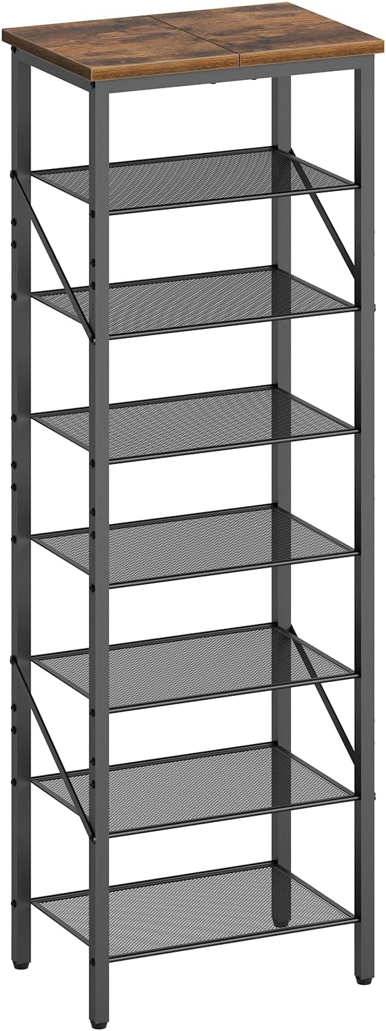 8-Tier Narrow Shoe Rack, Vertical Shoe Storage Organizer, for 12-24 Pairs, Shoe Shelf with Metal Frame, for Hallway, Entryway, Living Room, Rustic Brown and Black SRHR08401