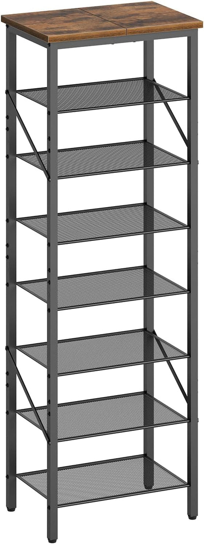 8-Tier Narrow Shoe Rack, Vertical Shoe Storage Organizer, for 12-24 Pairs, Shoe Shelf with Metal Frame, for Hallway, Entryway, Living Room, Rustic Brown and Black SRHR08401