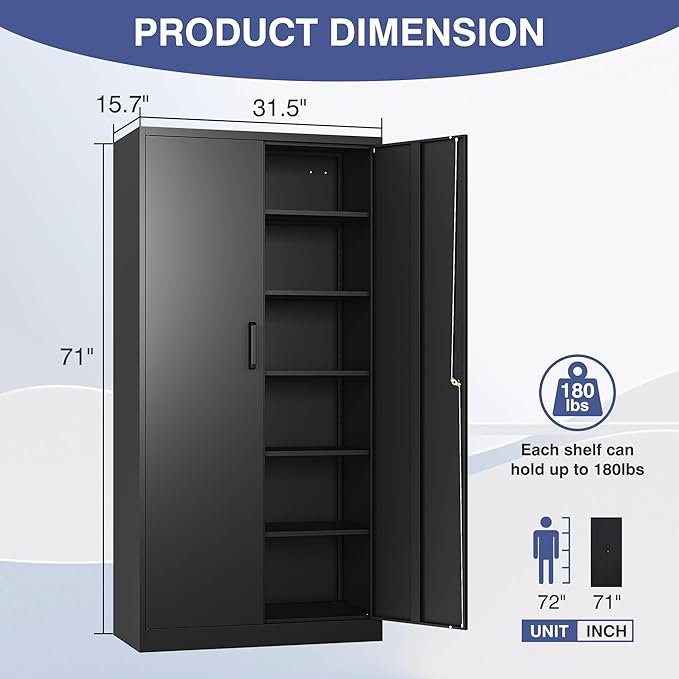Metal Garage Storage Cabinet,Tall Black Cabinet with Doors and Adjustbale Shelves,Lockable Tool Cabinet for Garage,Basement,Home Office