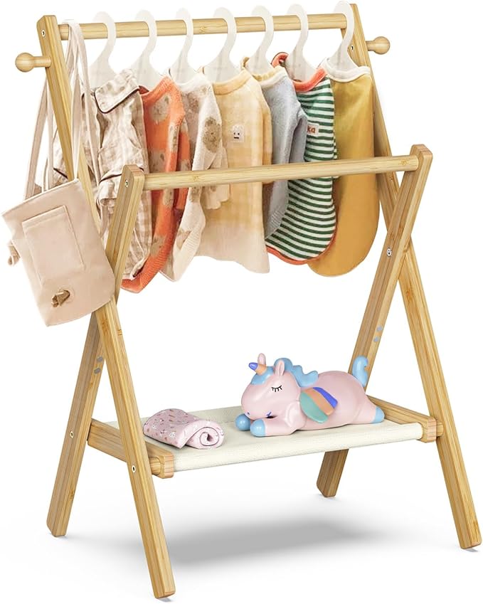 Baby Clothing Rack for Baby Shower Pets Dolls, Baby Clothes Rack with Storage Shelf & Double Rods, Toddler Clothes Rack, Mini Closet Baby Shower Rack (Natural)