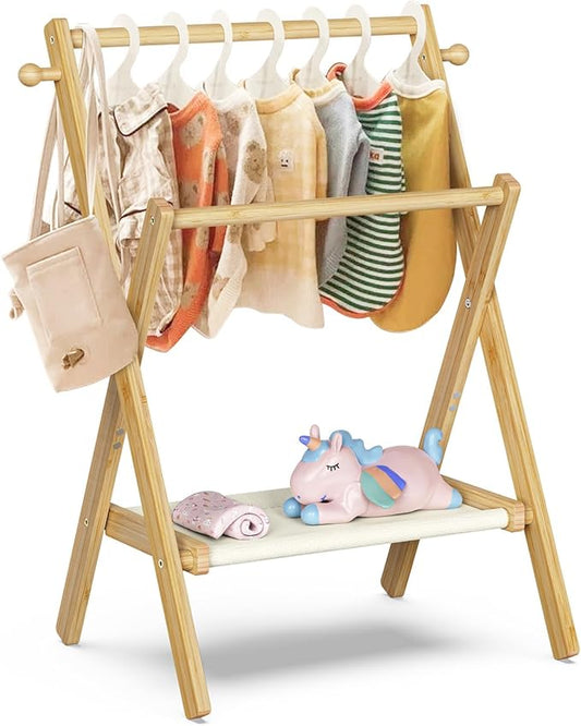 Baby Clothing Rack for Baby Shower Pets Dolls, Baby Clothes Rack with Storage Shelf & Double Rods, Toddler Clothes Rack, Mini Closet Baby Shower Rack (Natural)