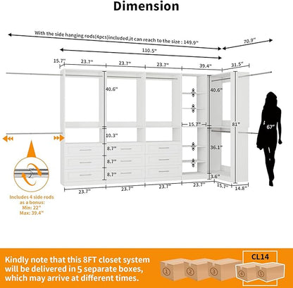 Closet System with 9 Drawers, Corner Closet Organizer Systems with 9 Shelves & 9 Hanging Rods L-Shaped Walk in Closet Freestanding Corner Tower Modular Storage System 4 Sets 2800+ Lbs Capacity White