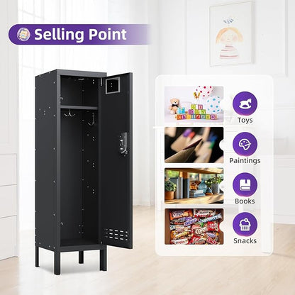 Metal Storage Locker with Lock & Card Slot Locker - Secure Lockable Door - Steel Locker for School, Office, Gym, Home - 54" H x 15" W x 15" D（1 Door, Black）