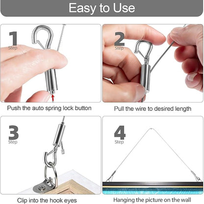 Adjustable Picture Hanging Wire, Upgrade Mirror Frame Hanging Kit, 6.6FT Heavy Duty Stainless Steel Wire Rope, Supports Up to 100lbs (Silver, 4PC-6.6FT)
