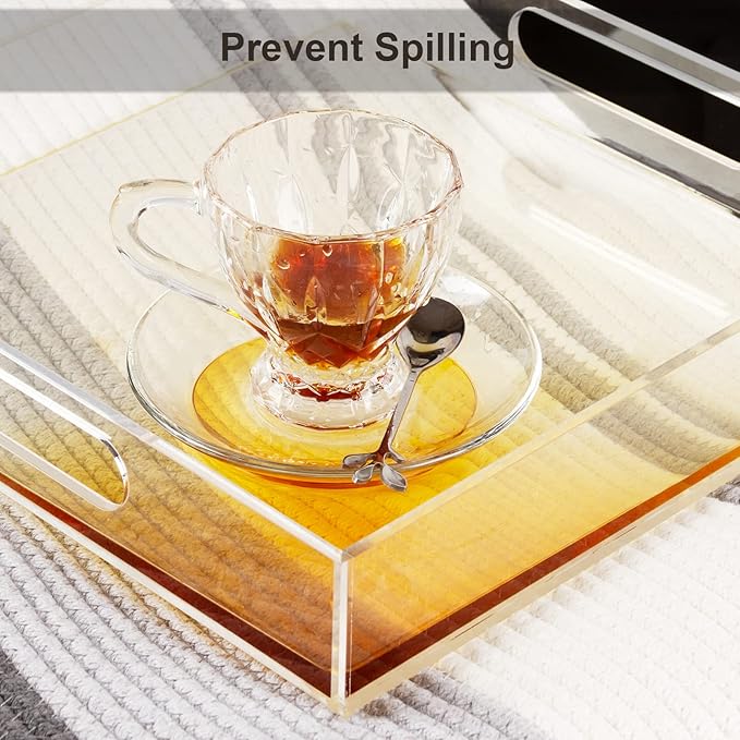 Acrylic Serving Tray 12x12 Inch, Clear Rectangular Tray with Handle, Decorative Ottoman Organizer for Appetizer, Breakfast, Coffee Table, Countertop, Bathroom