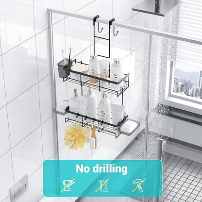Over the Door Shower Caddy Hanging: Black Rustproof Shower Organizer over the Door - No Drilling Bathroom Rack for Inside