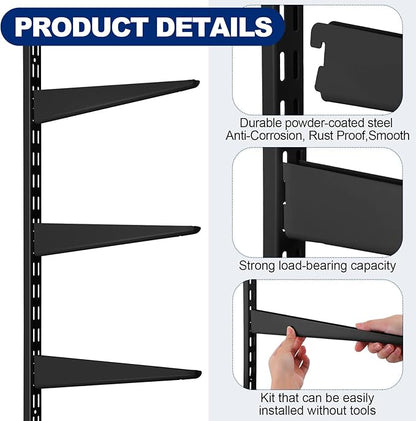 8 Pcs Black Twin Rail Upright Wall Shelving System 25 Inch with Adjustable Shelf Bracket 11.5 Inch Heavy Duty Storage Rack Metal Support System for Kitchen Closet Home Indoor